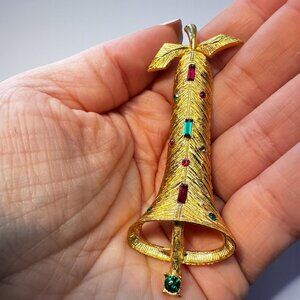 Vintage Goldtone Trumpet Brooch with Jewel Tones Holiday Pin